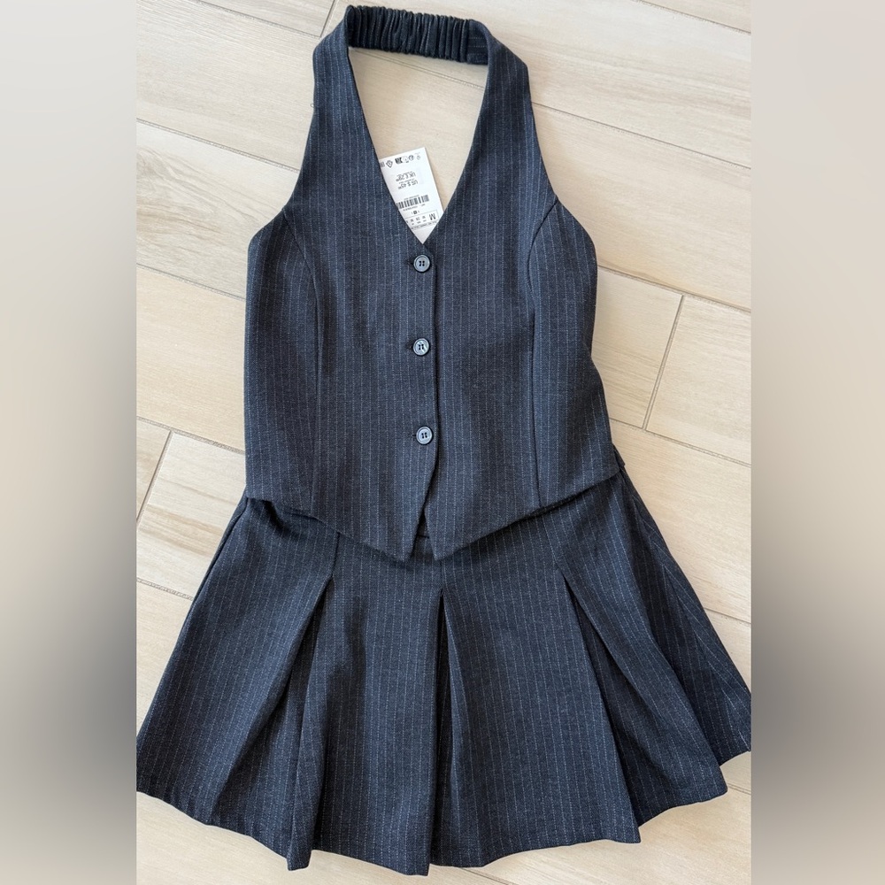 Dark Gray Pinstripe Vest and Skirt attached Set from Zara